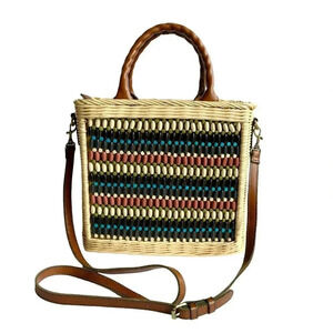 PATRICIA NASH Spring Wicker Victorian Garden Wood Bead Leather Trim ZAMBRA Tote